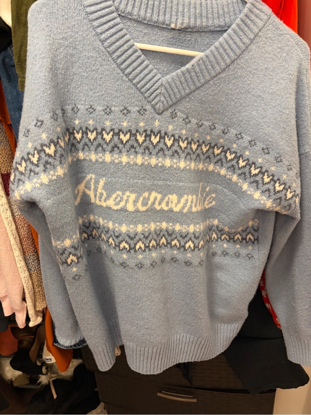 Vintage Abercrombie & Fitch Powder Blue V-Neck Fair Isle Logo Sweater